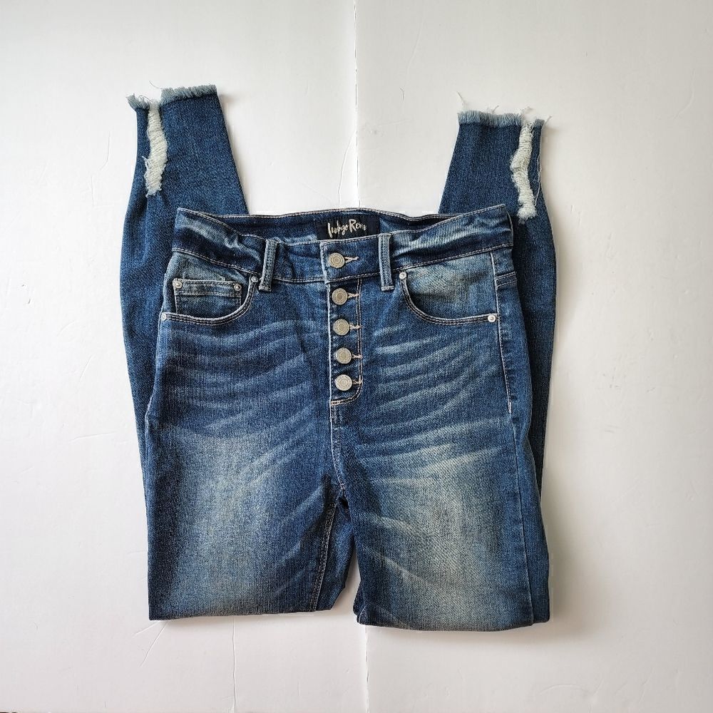 Indigo Rein Women's High Rise Skinny Fit Factory Distressed Denim Jeans Size 26